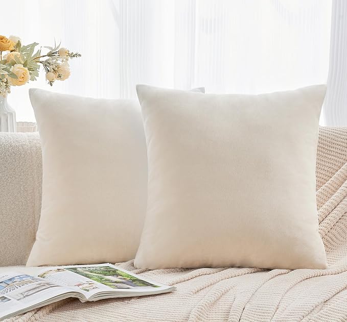 Throw Pillow Covers Neutral Beige Set of 2 16x16 Inch Pillow Covers, Soft Velvet Farmhouse Decorative Pillowcases for Couch Sofa Bed, Home Boho Decor, Modern Cushion Covers