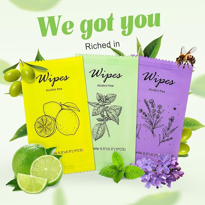 Individual Hand Wipes Wet Wipes Travel Size,Wet Wipes Individually Wrapped | 60PCS Bulk Cleansing Travel Size Wipes for Wedding Travel Restaurant Barbecue(Mint,Lemon,Lavender)