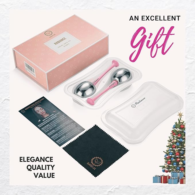 RADIANCE Ice Globes for Facials Skin Care - Cryo Globes, Non Shatter, Face Cooling Cold Stainless Steel, Cryo Freeze Tool Roller for Depuffing Eyes, Face Massage with a Storage Case & Polish Cloth