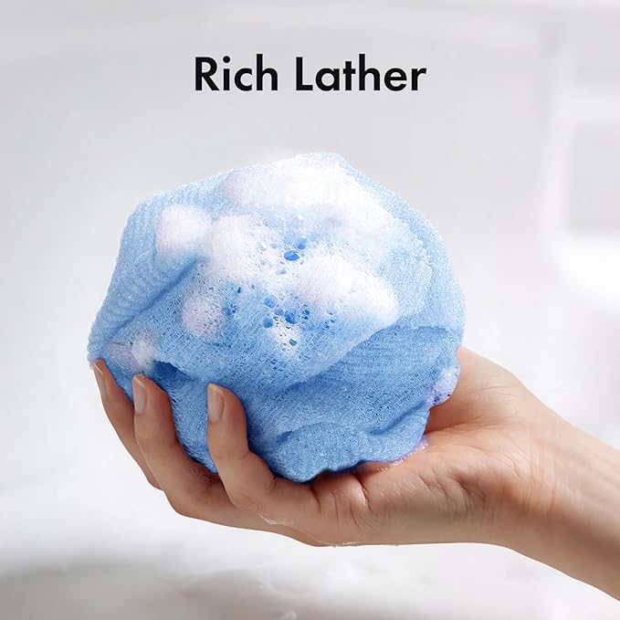 Bathway Exfoliating Washcloth, Nylon Bath Towel Body Scrubber with Hanging Strap, Back Scrubber for Shower Japanese Washcloth Loofah - Deep Clean & Rich Lather (Blue & Rose Red & Yellow, Pack of 3)