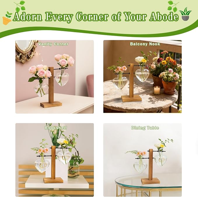 XXXFLOWER Plant Propagation Station Terrarium Wooden Stand 2 Love Bulb Vase | Flower Glass Vase Plant Desktop Holder, Home Garden Office Decor for Birthday Gift for Women Plant Lover