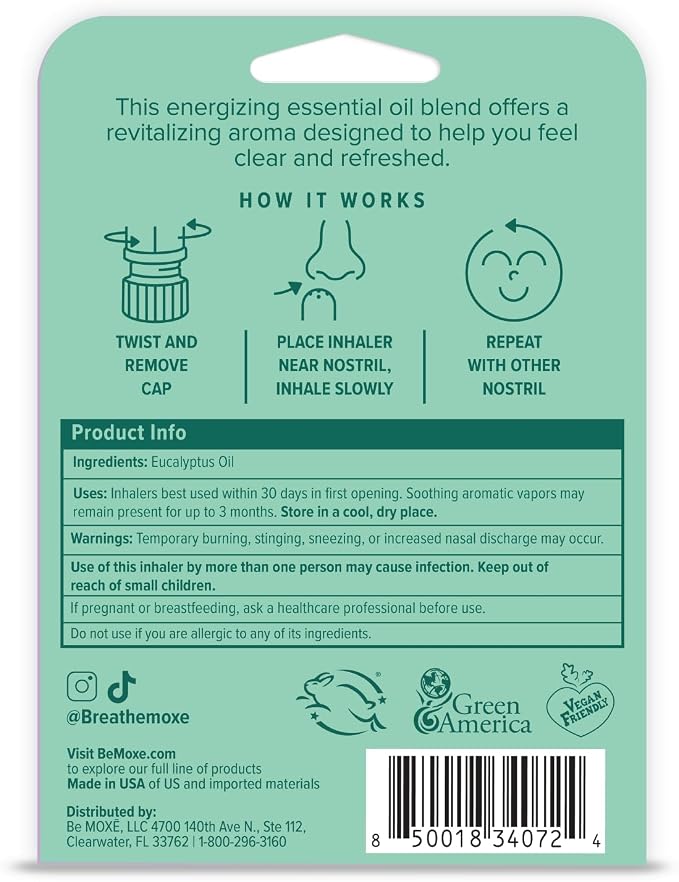 MOXĒ Eucalyptus Essential Oil Nasal Inhaler, Sinus & Congestion Relief, Daily Relaxation, Stress Relief, Therapeutic No-Mess Aromatherapy, Pure and Natural, Made in USA (1 Pack)