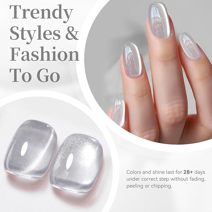 Born Pretty Silver Cat Magnetic Eye Gel Nail Polish 15ML,Jelly Glass Silver Crystal Glitter Shimmer Translucent Magnetic Gel Polish with Magnet,Soak Off U V Gels for Women Girl