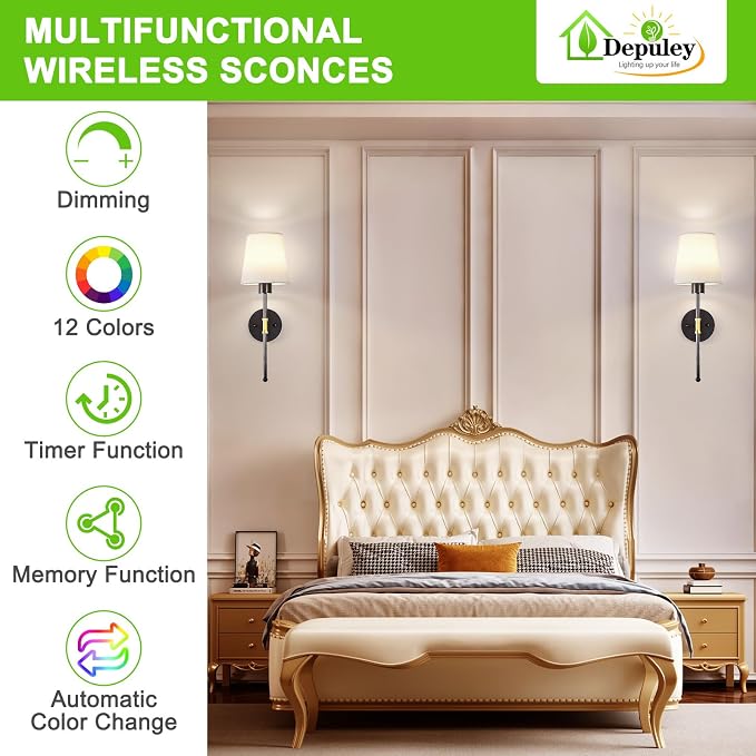 Depuley Battery Operated Wall Sconce: Set of 2 19.99" Wireless Wall Lights with Remote for Bedroom - Rechargeable 15 Colors Black and Gold Wall Lamp for Living Room Hallway Decor