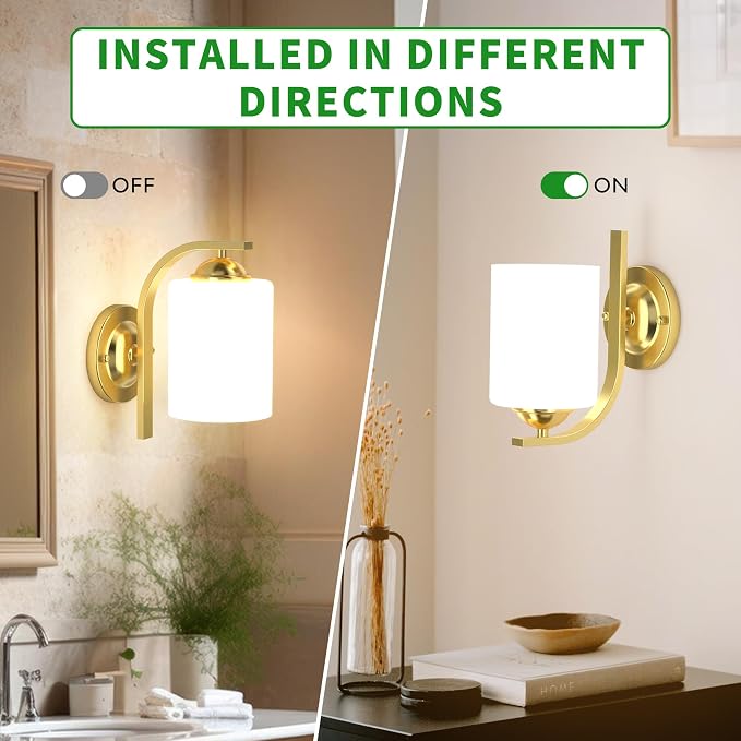 2-Pack Wall Sconces for Bedroom and Bathroom, Gold Farmhouse Wall Light Fixtures with Glass Shade, Modern Vanity Wall Lamps for Living Room, Hallway, Kitchen