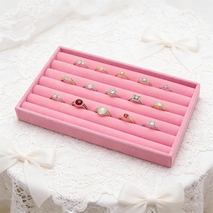 Velvet Jewelry Organizer Trays Pink 8 Rolls | Stackable Jewelry Storage Display Tray for Drawer or Dresser Organizer