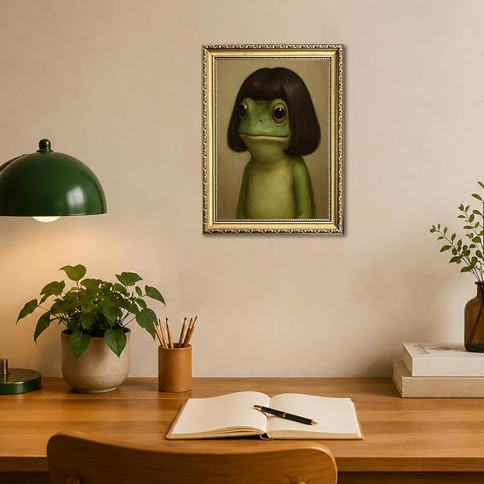 Gold Framed Funny Frog Wall Art, Whimsical Green Frog Wall Decor Painting Cute Animal Poster Canvas Prints Artwork for Living Room Bedroom Bathroom 12x16 inch