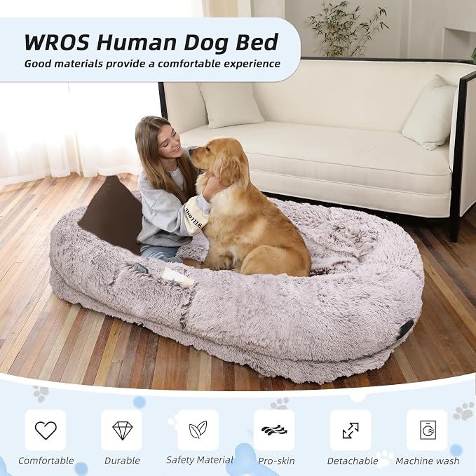 WROS Human Dog Bed for Adult, 71"x45"x12" Giant Calming Nest Bed, RustWhite | Washable Soft Faux Fur Cover, Orthopedic Foam Support, Non-slip Bottom, Includes Blanket, Strap & Pillow
