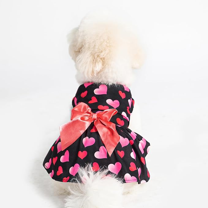 PUPTECK Print Dog Spring Dress Pet Costumes Apparel with Cute Bowtie Puppy Clothes Outfit, Heart, XS