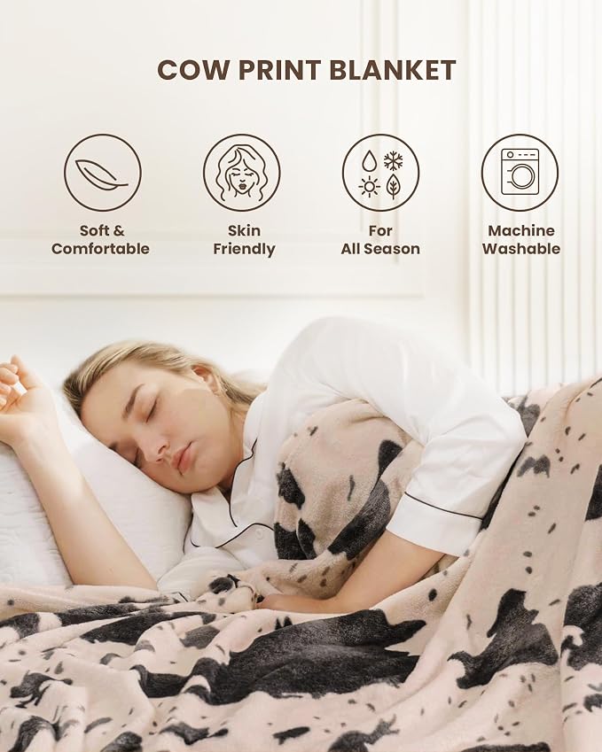 Cow Print Blanket Ultra Soft Flannel Throw Blanket for Couch Bed, Cute Cozy Lightweight All-Season Fleece Blanket Twin XL, Gift for Women & Girls, 66×90 Inches Pink