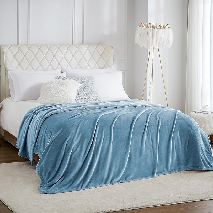 Hansleep Queen Washed Blue Fleece Blanket, Soft Flannel Bed Blanket | Fuzzy Cozy Blanket 90x90 Inches, Multi-use for Bed, Sofa, Couch, Travel, Camping, All Season Warm Lightweight Cover