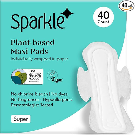 Sparkle Sanitary Pads for Women, Plant-Based Maxi Pads with Wings | Feminine Pads | Organic Pads | Period Pad Softer Than Cotton Pads, Medium Absorbency, Unscented (Super Pads, 40 Count)