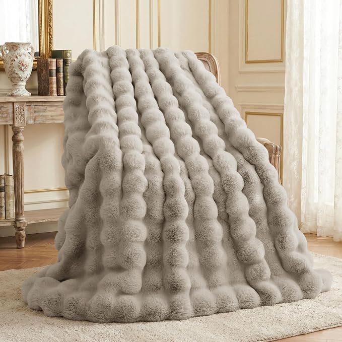 L'AGRATY Faux Rabbit Fur Throw Blanket for Couch, 60'' x 80'', Castle Grey | Soft Cozy Bubble Fluffy Blanket for Sofa Bed, Thick Warm Plush Fuzzy Throw for Room Home Decor, Luxury Gift for Women Mom