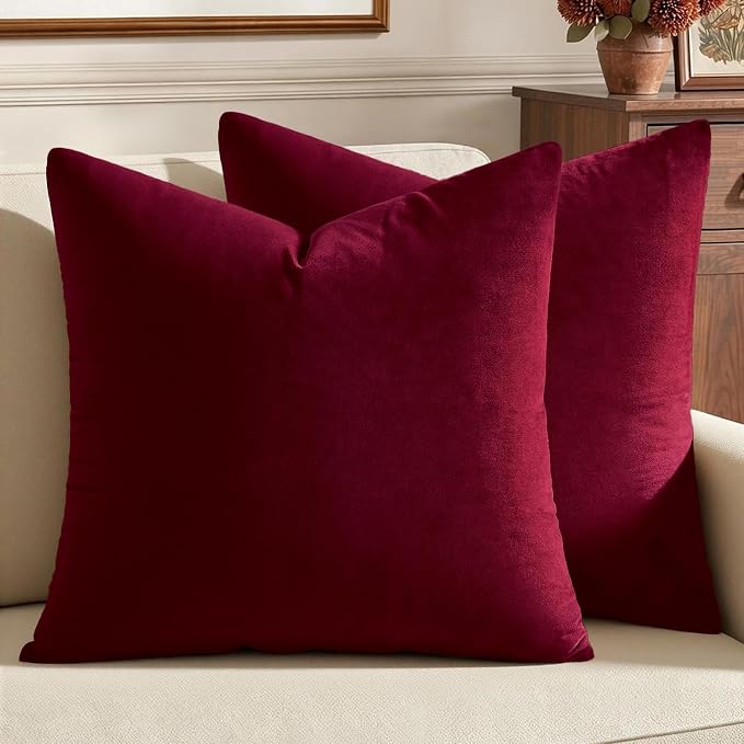 MIULEE 26x26 Inch Pack of 2 Euro Velvet Throw Pillow Covers Wine Red | Soft Solid Decorative Euro Sham, Modern Luxury Home Decor, for King Bed Sofa Couch Bedroom Livingroom