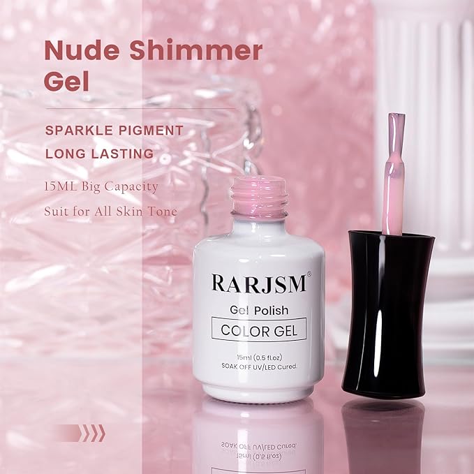 RARJSM Nude Pink Gel Nail Polish with Purple Pearl Glitter Clear Sheer Nude Shimmer Gel Polish 15ml UV LED Soak Off Transparent Soft Pink Color Home Salon French Manicure Varnish Curing Requires