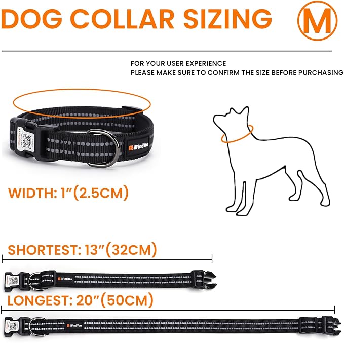 Personalized Dog Collar with QR Code Dog Tag, Black M | Anti-lost, 1000D nylon, reflective, padded, XS-L(8"-24"), QR buckle shares lost pet profile, location alerts when scanned