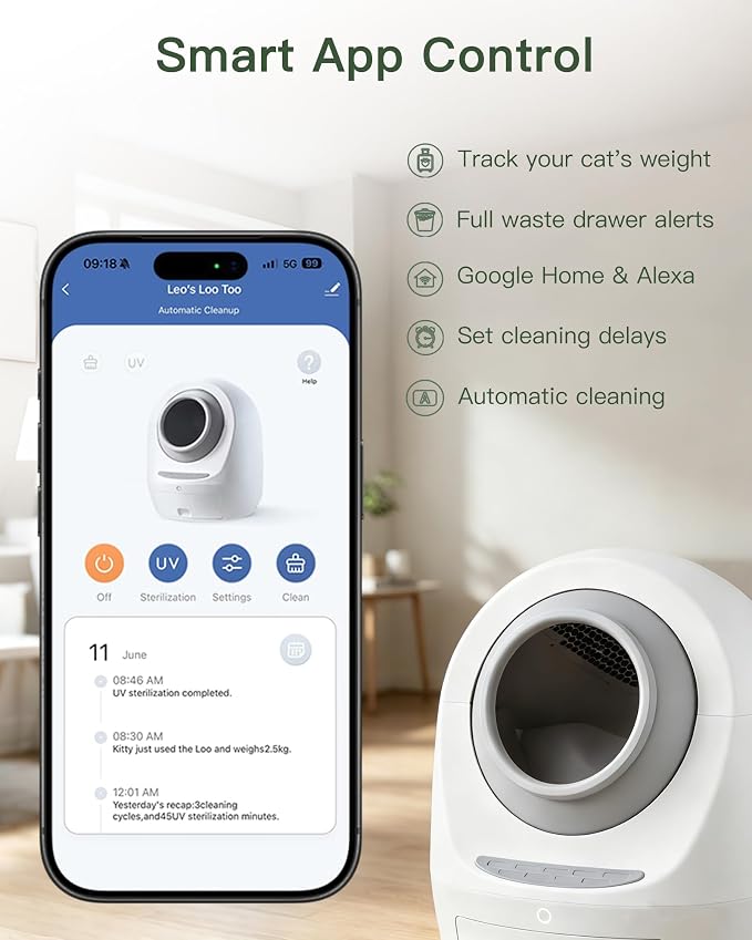 Casa Leo Automatic Self-Cleaning Cat Litter Box | with Leo’s Loo Too Wi-Fi App & Voice Control, App Weight Tracking, UV Odor Control, Safety Sensors, 30dB Quiet