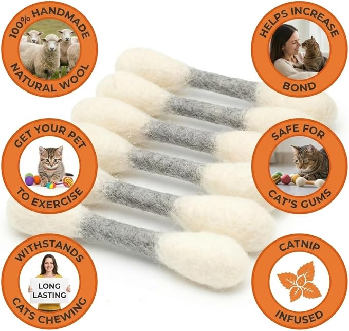 Glaciart One MINI Swabs Cat Toys with Catnip - 6 Pk | Durable for Chew, Cute Cat Toys Interactive Kitty for Boredom, Exercise, & Play | Filled w/Organic Catnip for Anxiety & as Digestive Aid