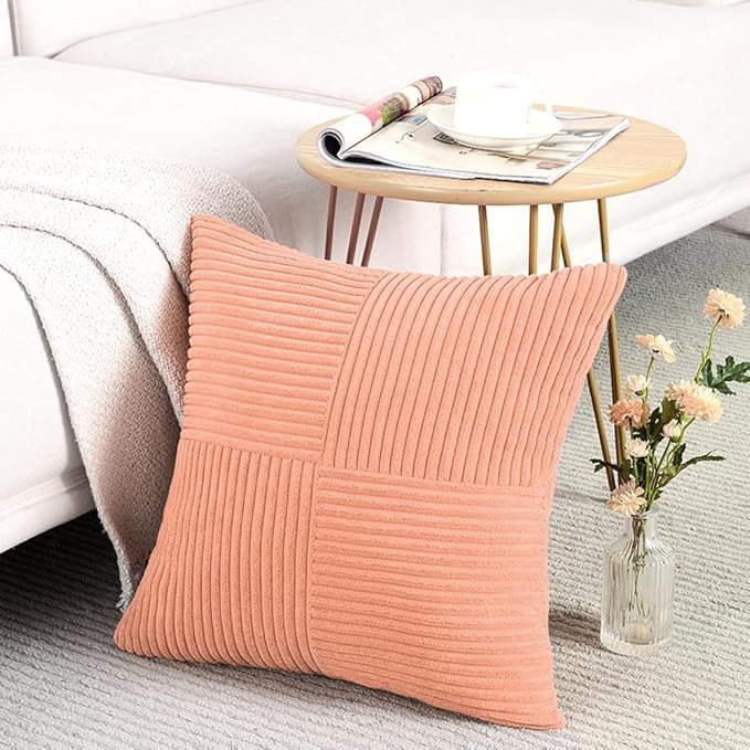 Fancy Homi Peach Decorative Throw Pillow Covers 18x18 Inch for Living Room Couch Bed Sofa, Rustic Boho Farmhouse Home Decor, Soft Corss Corduroy Patchwork Textured Square Cushion Case 45x45 cm