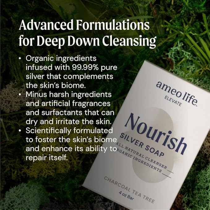 Ameo Life Charcoal Tea Tree Silver Soap with 30 ppm Silver - Naturally Cleanses the Skin, 4 oz Colloidal Silver Soap Bar for Women and Men