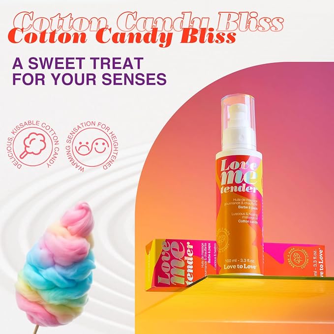 Love Me Tender Cotton Candy Warming Massage Oil, Hydrating and Luscious, Kissable Flavored Intimate Oil for Couples, Sensual Massage, Romantic Date Night, Essential Intimacy Items 3.3 fl oz