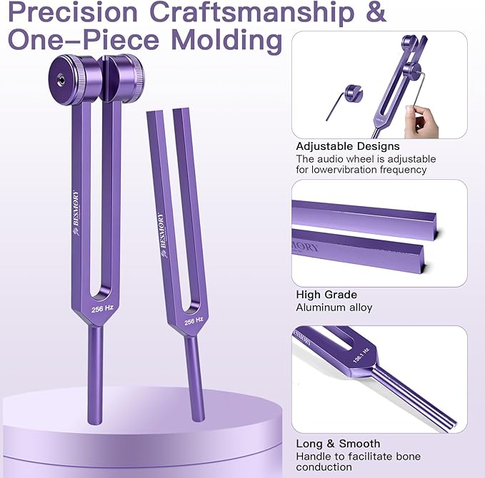 Tuning Forks for Healing Set — Includes 4 Frequency Tuning Forks (128Hz, 136.1Hz, 256Hz, 384Hz) and Reflex Hammer, Sound Healing Instruments for Chakra Sound Therapy, Yoga & Meditation Accessories