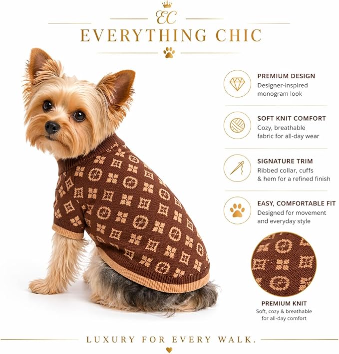 Dog Sweater for Small Dogs, Designer Dog Clothes, Luxury Chewy Pawtton Knit | Designer dog clothes for small dogs with soft knit comfort, luxury styling and easy pullover fit for Yorkies in cold weather.