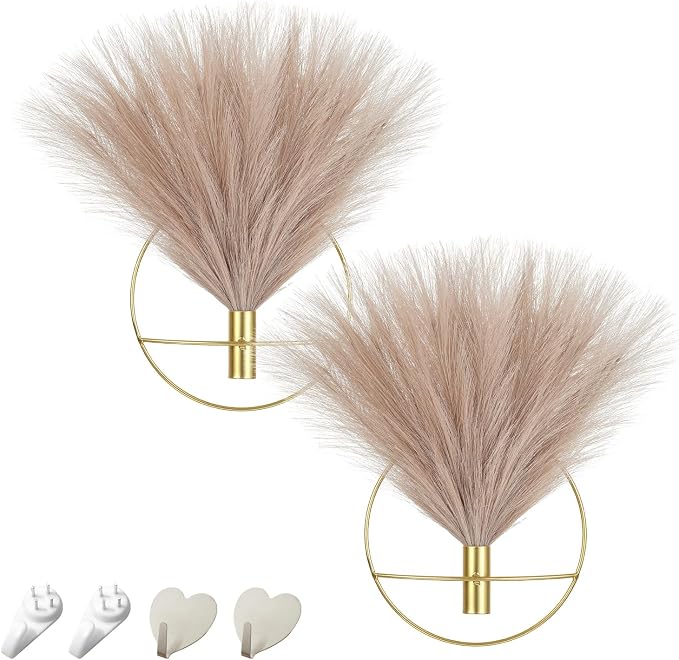 Pretty Jolly Boho Pampas Wall Decor Gold Metal Wall-Mounted Art | Morden Artificial Greenery Display，2 Pack Hanging Planter For Living Room, Bedroom, Bathroom, Dining room