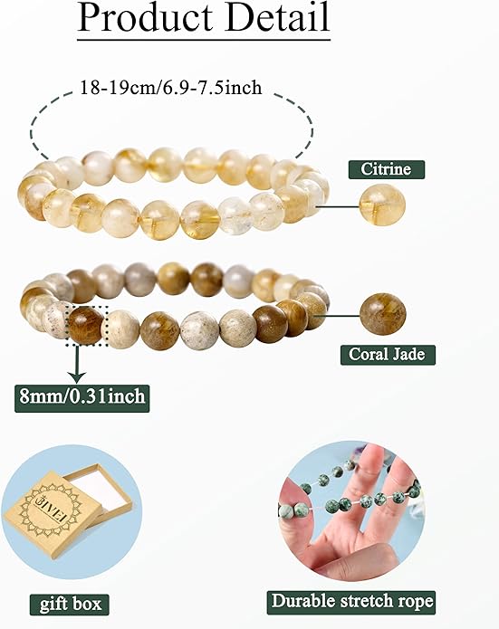 Bivei Natural Gemstone Semi Precious Healing Crystals Handmade Stretchy Round Beads Bracelet,Stocking Stuffers for Women Enhance Positive Energy
