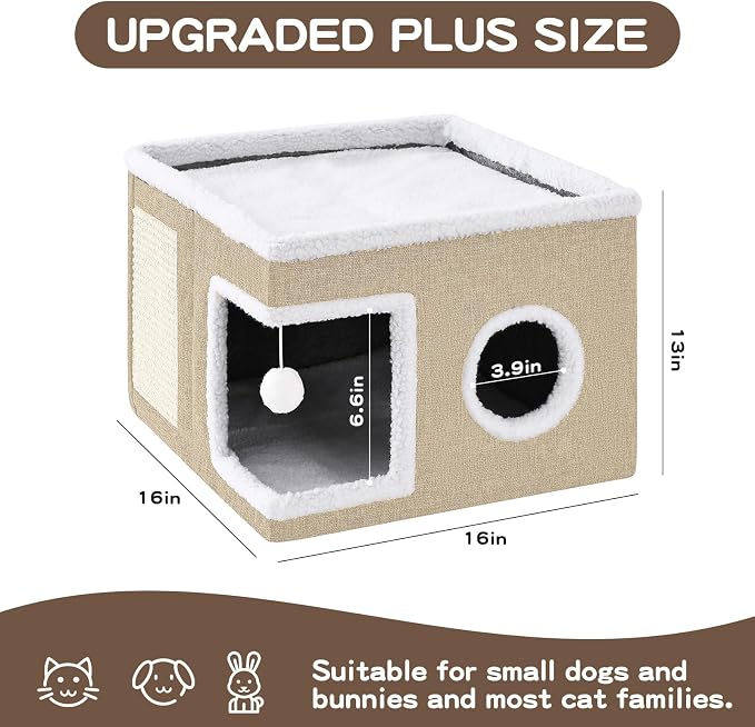 Large Cat Houses for Indoor Cats with Fluffy Ball and Scratch Pad | Foldable Cat Bed Cave for Multiple Pets, Kitten Bed for All Seasons, Non-slip, Hold Up to 30LBS, 16x16x13inch, Khaki