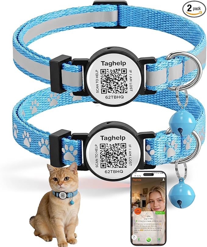 2 Pack Airtag Cat Collar, Breakaway Cat Airtag with Smart ID tag & QR Code Reflective (Reflective Strip & Paw Pattern - Blue, Collar Only)