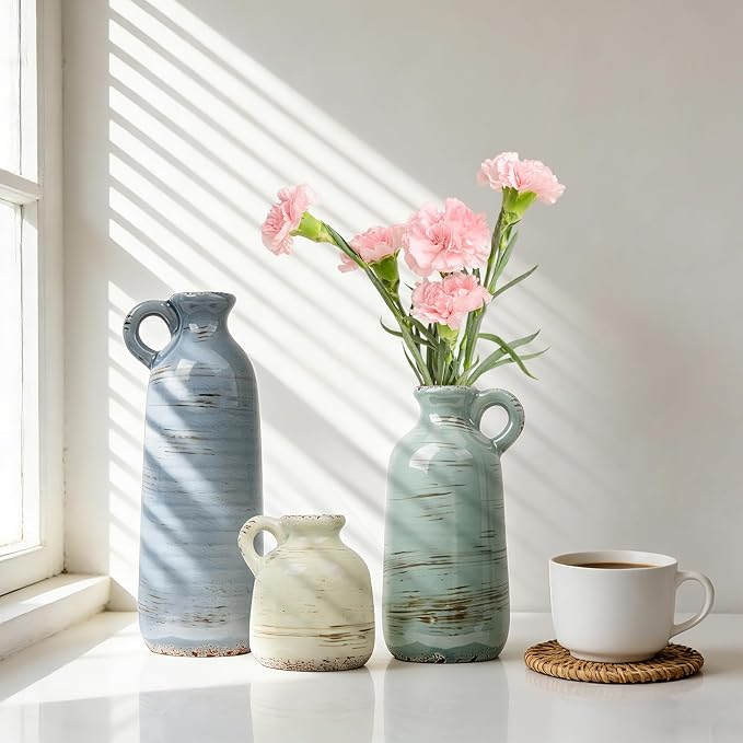 Ceramic Vase Set of 3, Vase Home Decor with Handle, Waterproof Vases | Farmhouse Vases Home for Pampas Grass & Dried Flowers, Flower Vase for Table Living Room Home Decor-Multicolor