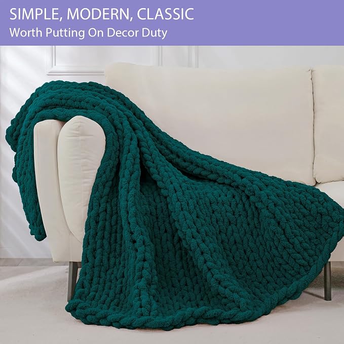 Bigacogo Chunky Knit Throw Blanket for Couch, 51x63 inches, Dark Green | Hand Knit with Jumbo Chenille, Soft Breathable Cable Knit for Sofa Bed Living Room, Machine Washable, Gift for Mom Friend