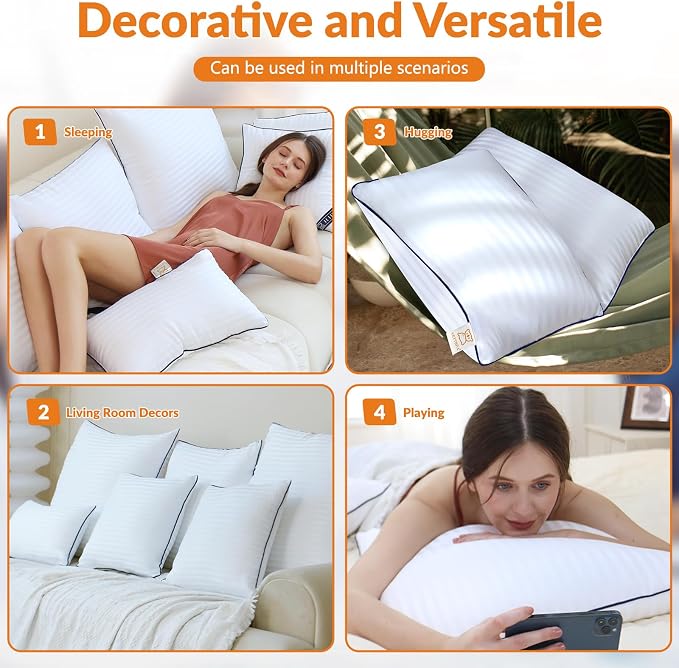 Yettbea 12x20 Inches Pillow Inserts Set of 2- Premium Soft Down Alternative Fill, Decorative Throw Pillows for Couch, Bed & Sofa, Supportive White Striped Bedroom Pillow Forms