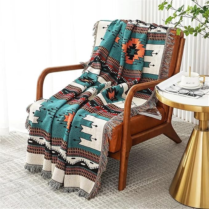 Homesy Aztec Throw Blanket Native Southwestern Bed Blankets 51"x63" Green | Southwest Decor,Boho Style,Sofa Chair Cover,Outdoor Beach Car Tent Travel Camping Use,Tapestry,Reversible and Tassels