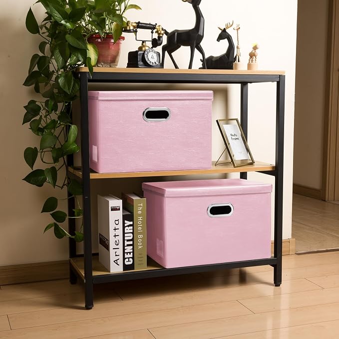Collapsible Storage Bins with Lids [3-Pack] Leather Fabric Foldable Storage Boxes Organizer Containers Baskets Cube with Cover for Bedroom Closet Office Nursery Pink (14.9x10.8x10)
