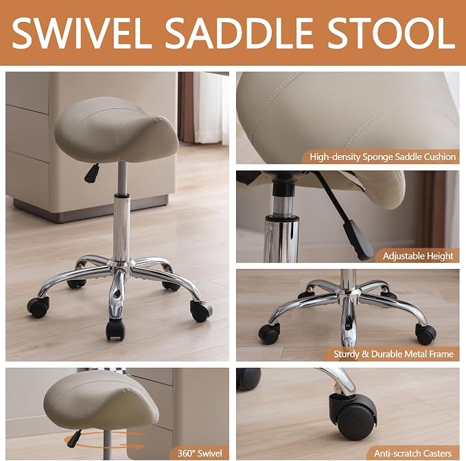 FIRAVOE Saddle Stool, Swivel Saddle Stool with Wheels, Adjustable Rolling Stool 18"-26", Faux Leather Rolling Stool for Salon, Massage, Clinic, Lab, Office (Light Grey, 1PCS (18"-26"))