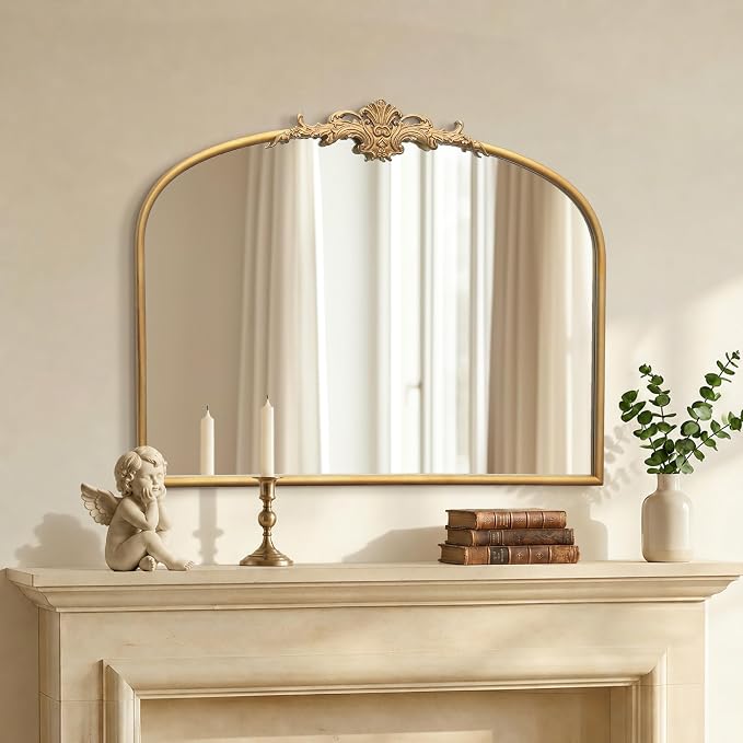 Besdomus Antique Gold Wall Mirror: 32"x24" French Ornate Decorative Mirrors | Vintage Baroque Ornate Arch Metal Framed for Mantel/Hallway/Bathroom Vanity/Bedroom - Ideal Gifts for Wedding/Birthday