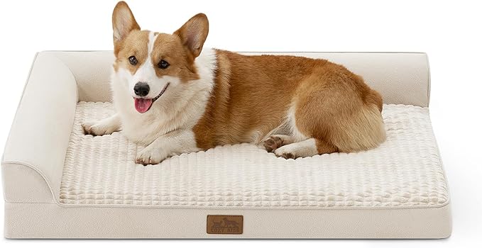 COZY KISS Orthopedic Dog Bed for Large Sized Dogs, L Shaped 36x27 inch | Non-Slip Bottom Soft Pet Sofa with Washable Removable Waterproof Cover, Egg-Crate Foam Couch with Portable Handle, Beige