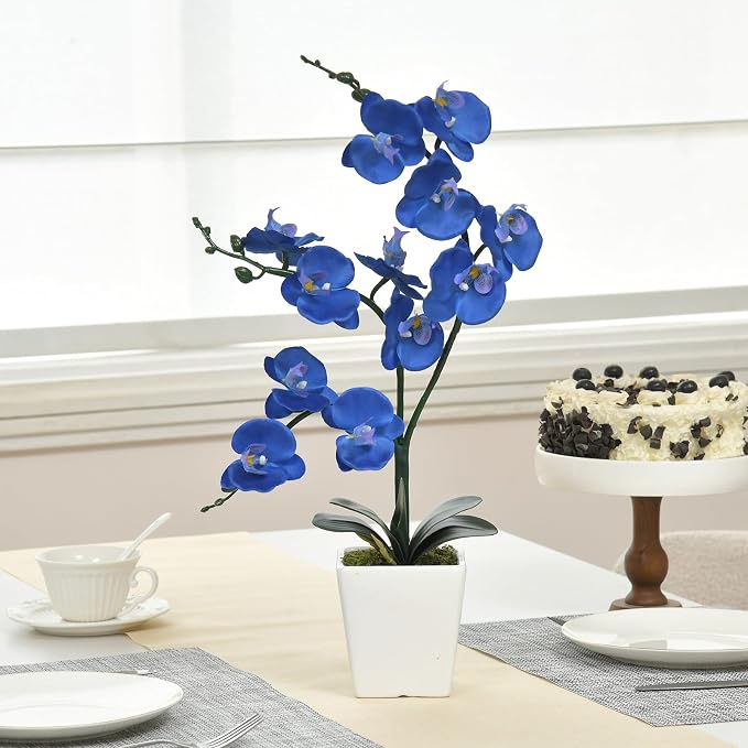 15" Silk Phalaenopsis Orchid in Square Pot, Navy Blue Flower Arrangements | Lifelike Faux Potted Blooms with Moss in a Ceramic Planter. Looks Real, Zero Upkeep, Ideal Centerpiece for Any Table