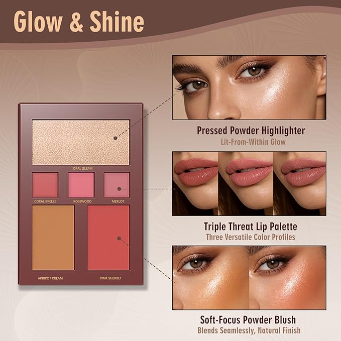 All in One Makeup Palette with 3 Brushes - Foldable Travel Make Up Kit Set includes Highly Pigmented Eyeshadow, Buildable Contour, Correction Concealer, Shine Highlighter, Blush, Lip for Face Paint