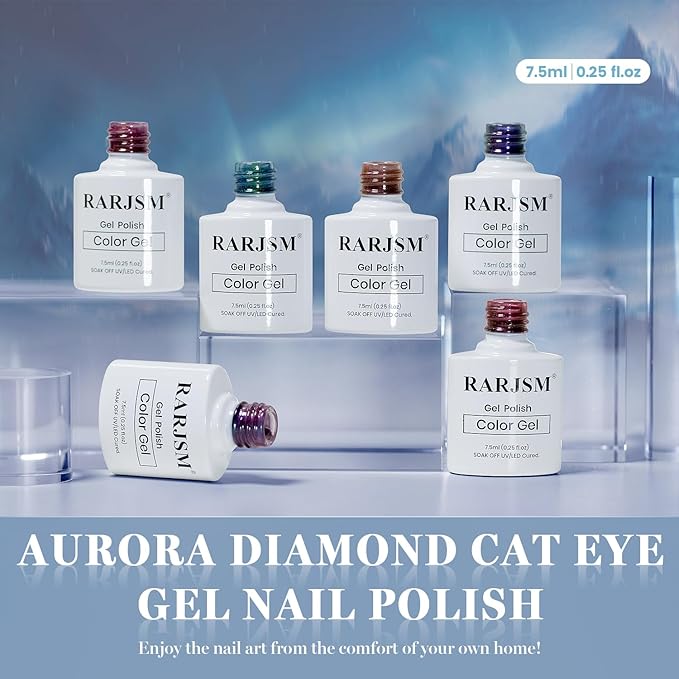 RARJSM Aurora Diamond Ceramic Cat Eye Gel Nail Polish Set 6pcs Sparkly Multi Color Galaxy Milkyway Glitter Glassy Cateye Gelpolish with Magnet Stick 7.5ml Curing Requires Soak Off for Home Salon