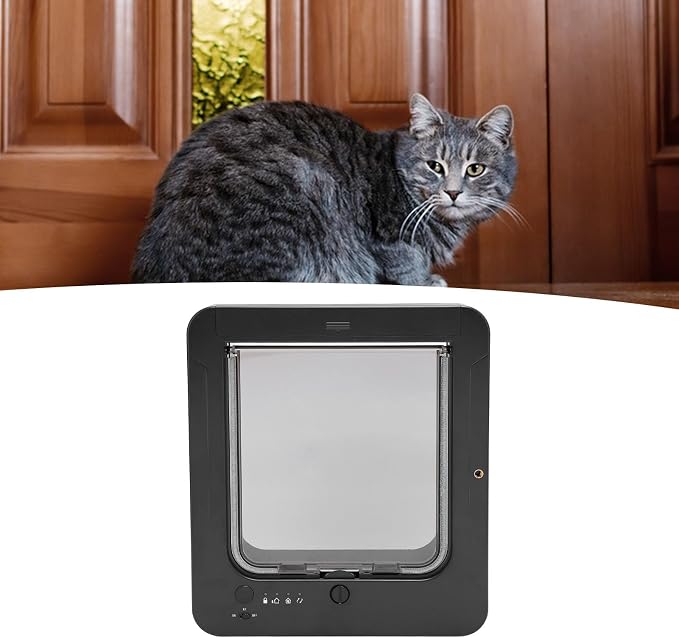 Smart Pet Door, Automatic Unlocking Weatherproof for Cats, 4 Modes with Sensing Collar Control, 210mAh Battery for Home (Black + Remote Control)