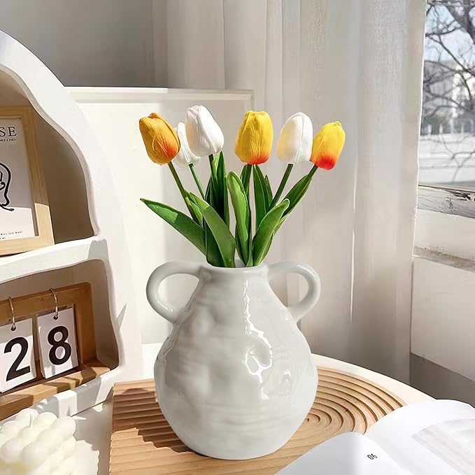 LIFFY Ceramic Vase for Flowers, 6.3 Inch Tall Farmhouse Centerpiece with Double Handles, Rustic Terracotta & Modern Navy White - Home Table Decor (White)