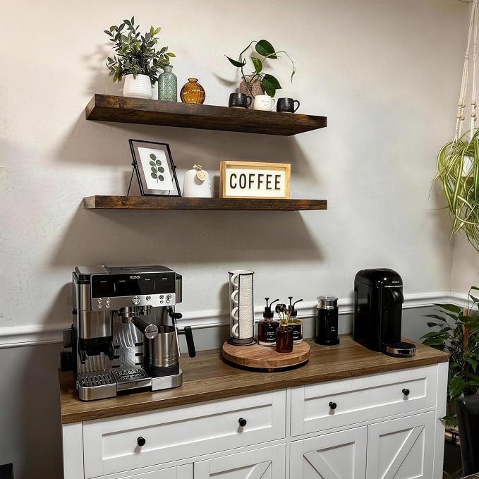 BAYKA Rustic Brown Floating Shelves 35.4in, Set of 2, Wall Mount Wood Shelf | Easy Install, 30lbs Max Load, Hidden Bracket, for Bathroom Bedroom Kitchen Display Storage Decor, Multi-Wall Compatible