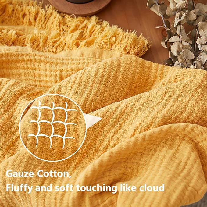 Simple&Opulence Cotton Muslin Throw Blanket for Bed, Couch, Knit Woven Gauze Blanket with Tassels, Soft Lightweight Cozy Pre-Washed Breathable Farmhouse Decoration for All-Season (Yellow)