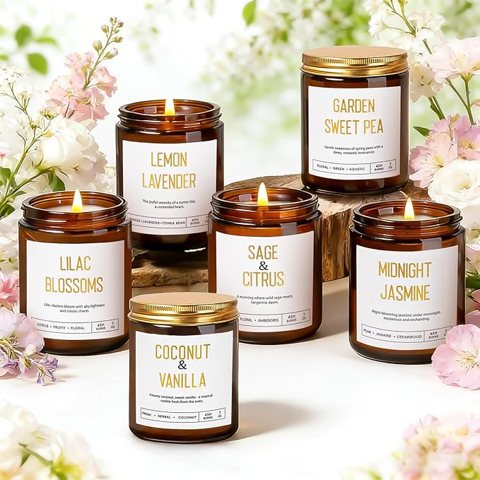 Candles for Home Scented - Soy Candles Non Toxic, 6 Pack Candle Gift Set | 42oz 300h Long Lasting Aromatherapy Candles with Lavender Lemon Vanilla Coconut Jasmine Sage - Floral & Fruity Scents