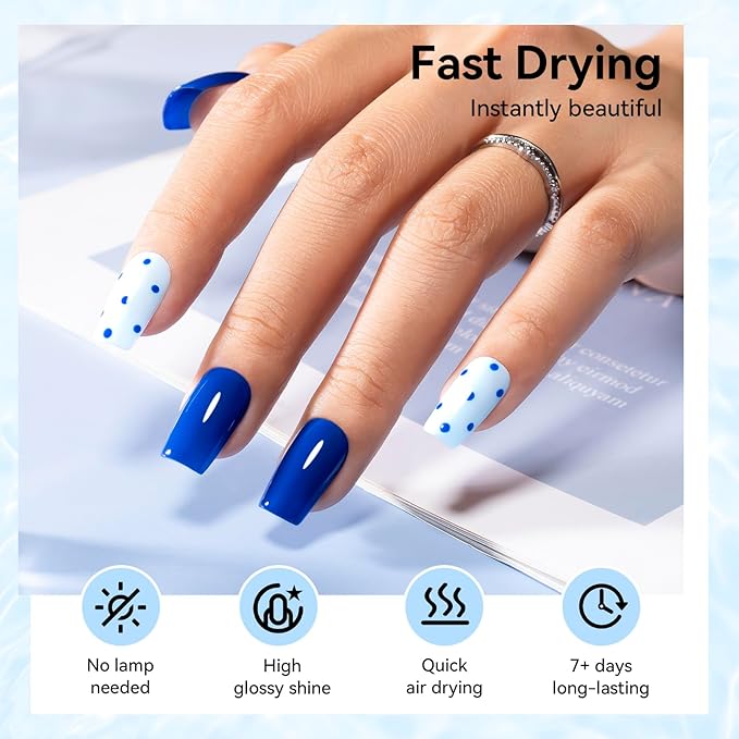 Blue Nail Polish Set: 6 Colors Light Blue Dark Navy Royal Teal Ocean Baby B lue Collection Toe Fingernail Polish, Quick Dry Non Gel, High Gloss Shine, Healthy Nail Art DIY Manicure Gift