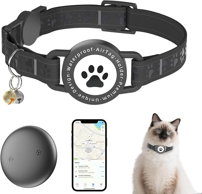 GPS Cat Tracker Collar (iOS & Android), No Month Fee GPS Dog Tracker Black | Mini Bluetooth Smart Anti-Lost Pet Finder Tag Works with Apple Find My & Google Find Hub