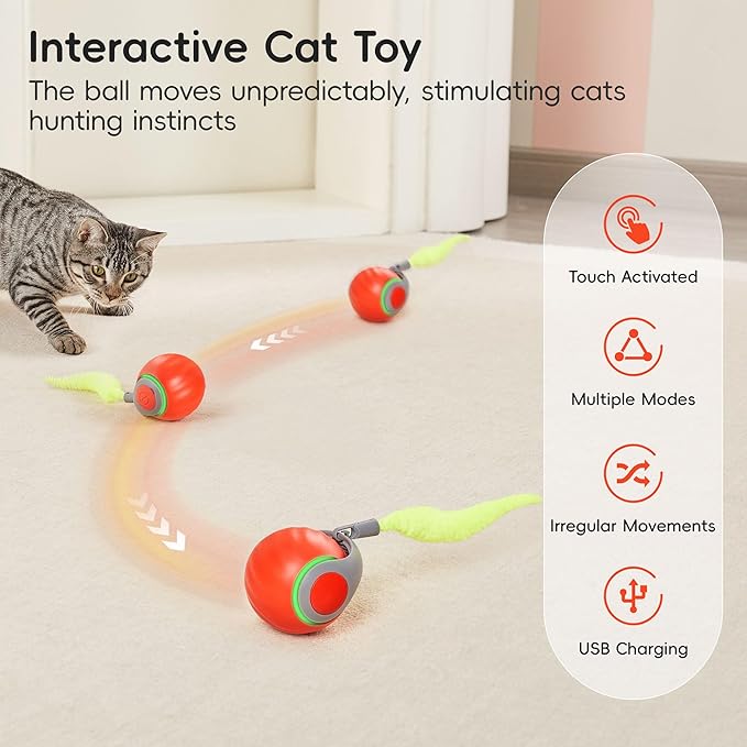 Potaroma Moving Ball Cat Toys with Feather Tail, Rechargeable